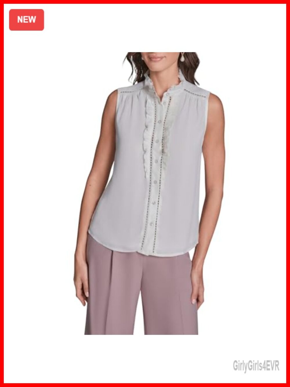 Sleeveless Mock Neck Button Down Blouse with Ruffle Front